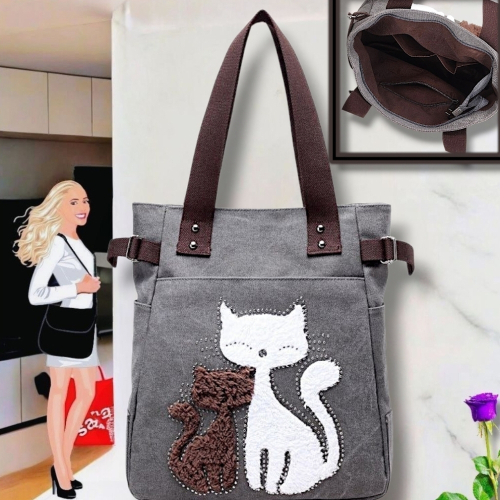 NWOT KAUKKO Women's Cute Cat Canvas Tote Handbag in Blue/Gray